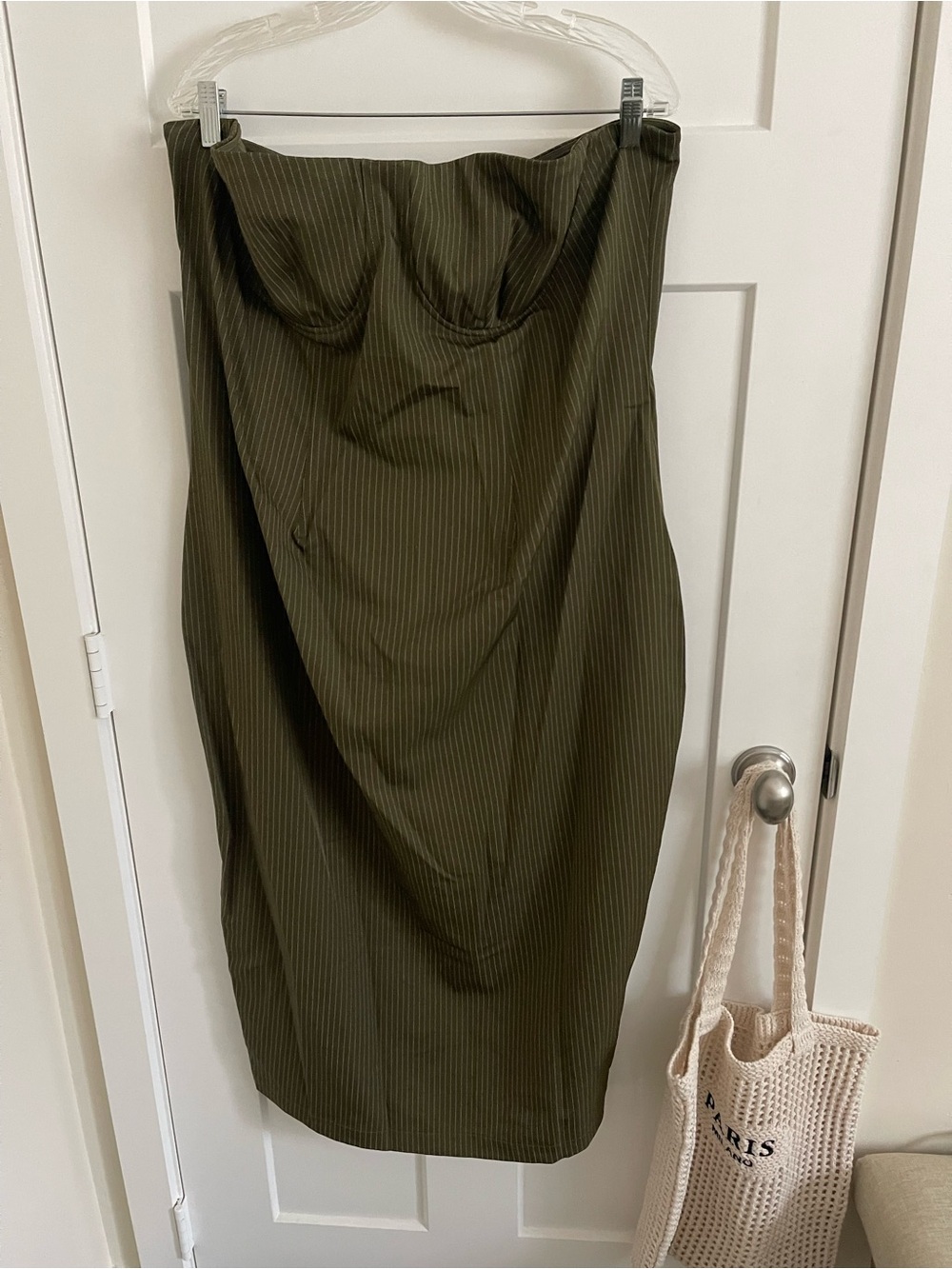 Fashion Nova Olive Pinstripe Strapless Midi Dress